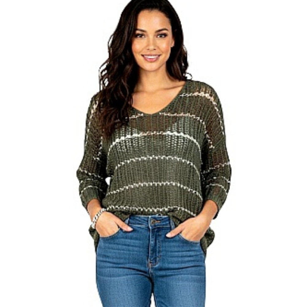 Chico's Open Weave Green Metallic Gold Stripe V-neck Sweater Size Large
